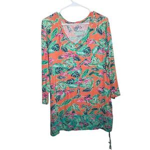 Casey Key Blouse Women's XL Floral 3/4 Sleeve Artsy Flamingo Colorful Top